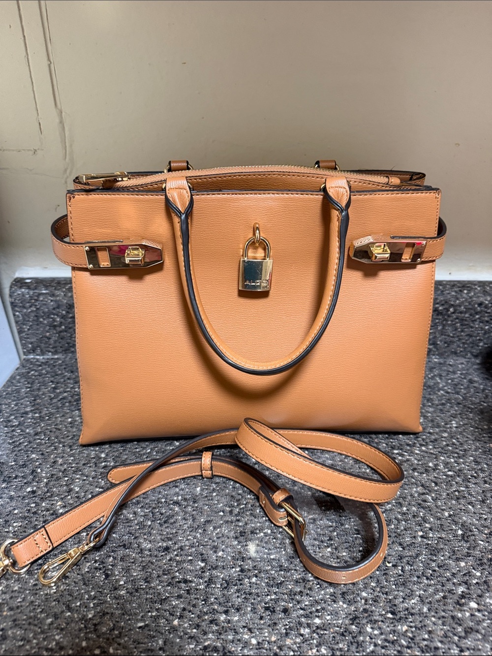 Aldo Structured Satchel Handbag in Tan with crossbody strap NWOT